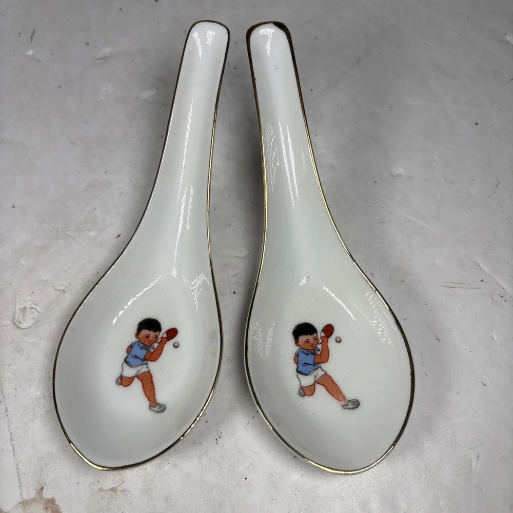 Vintage Chinese Porcelain Soup Spoons Child Playing Paddle‎ Ball Set of 2